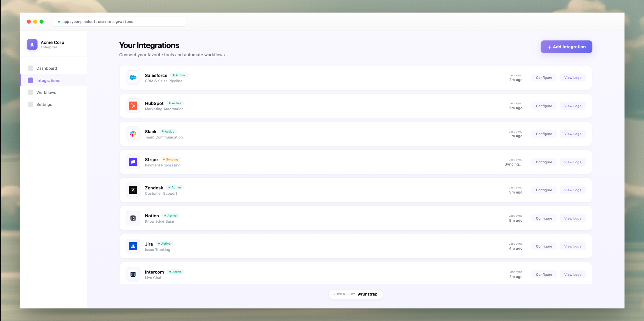 Embedded integrations dashboard showing connected tools like Salesforce, HubSpot, Slack, and more